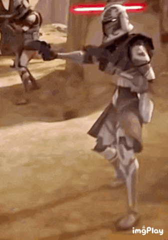 a clone trooper is holding a gun in his hand while standing on one leg .