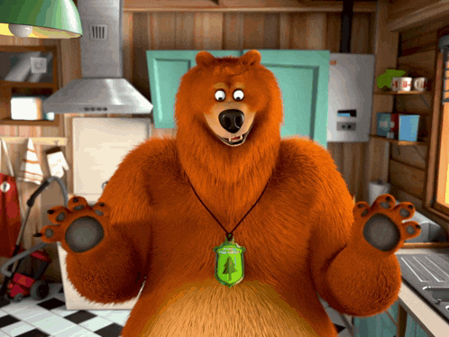 a cartoon bear wearing a necklace with a green pendant that says ' acorn ' on it