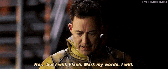 a man in a yellow suit is saying no but i will flash mark my words .