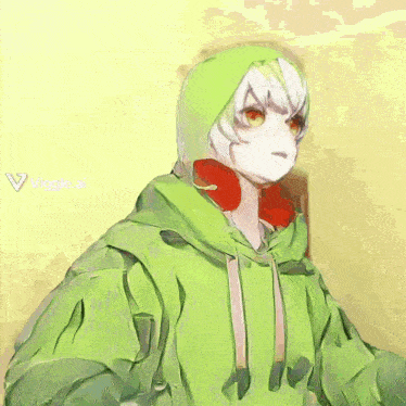 a drawing of a person wearing a green hoodie and a red collar