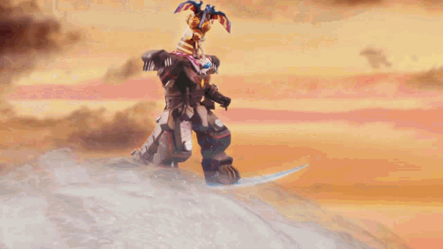 a robot is flying through the air with a sword on its back