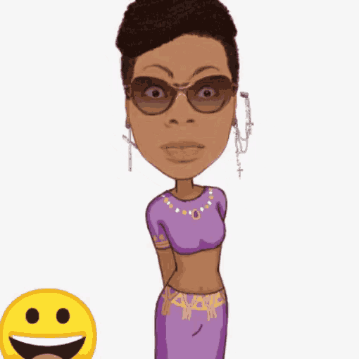 a cartoon of a woman wearing sunglasses and a purple top is dancing next to a yellow smiley face .