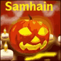 a picture of a carved pumpkin with the words samhain written above it