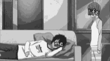 a black and white cartoon of a man laying on a couch .
