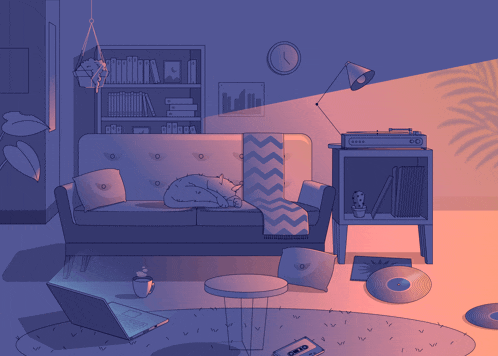 a drawing of a living room with a cat sleeping on a couch