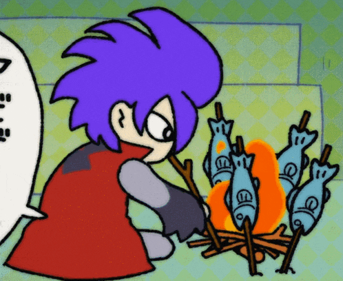 a cartoon character with purple hair is cooking fish in a fire