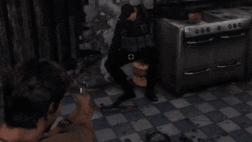 a man is holding a gun in front of a fire