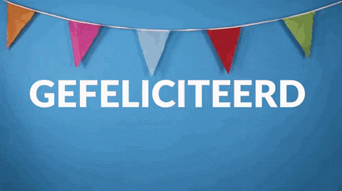 two women are smiling in front of a blue background with the word gefeliciteerd in white letters