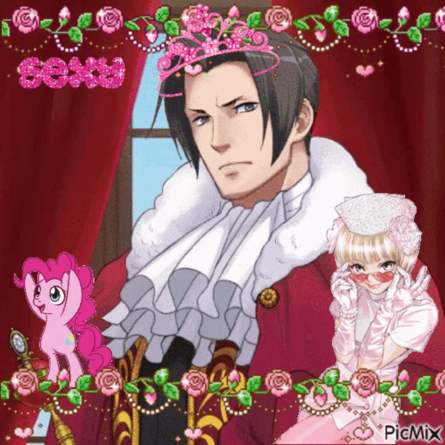 a picture of a man wearing a tiara and a woman in a pink dress with the word sexy on the bottom right