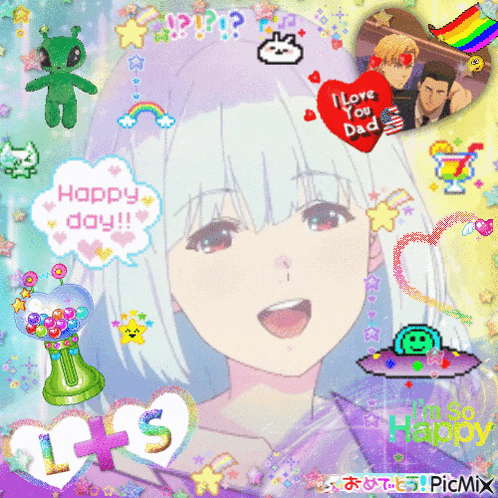 a picture of a girl with white hair and a heart that says i love you dad