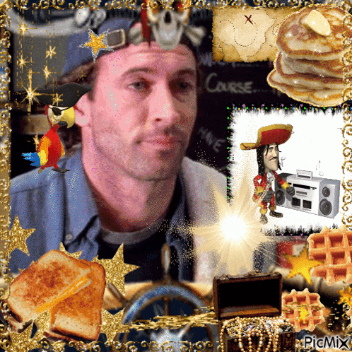 a man in a pirate hat is surrounded by pancakes toast and treasure