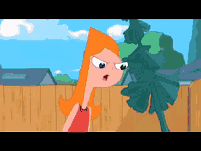 a cartoon of a girl standing in front of a fence