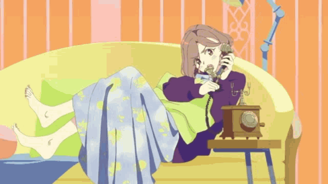 a cartoon of a woman laying on a couch talking on a phone