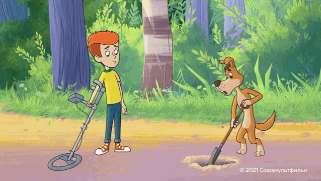 a cartoon of a boy using a metal detector next to a dog digging a hole