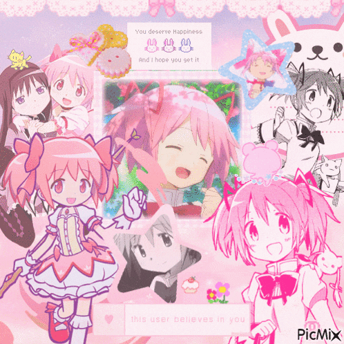 a collage of anime characters with the words " you deserve happiness and i hope you get it " at the top
