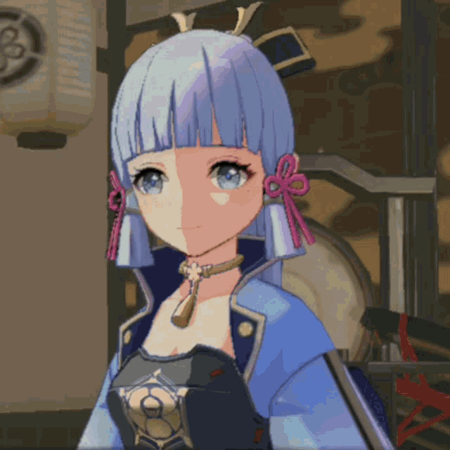 a girl with blue hair is wearing a choker and a necklace