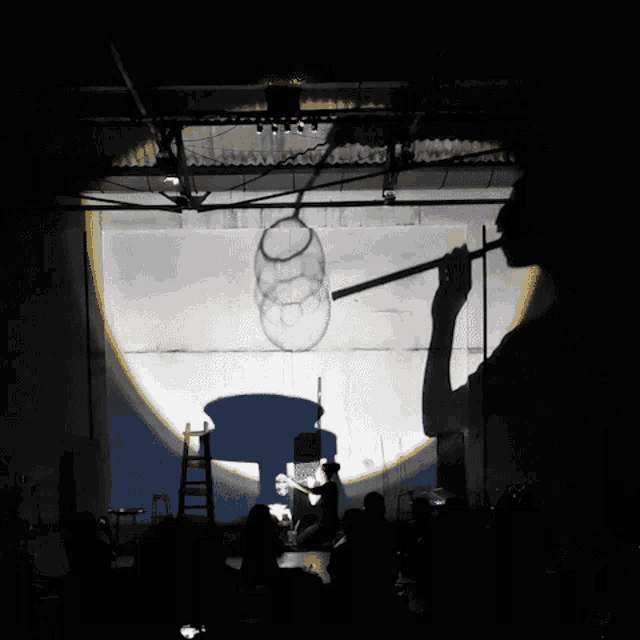 a shadow of a person holding a stick is projected on a wall