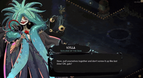 a video game character named skylla is talking to someone