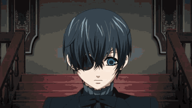a black haired anime character with blue eyes is standing in front of a set of stairs