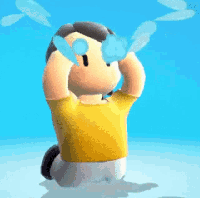 a cartoon character is kneeling down and crying with tears running down his face .