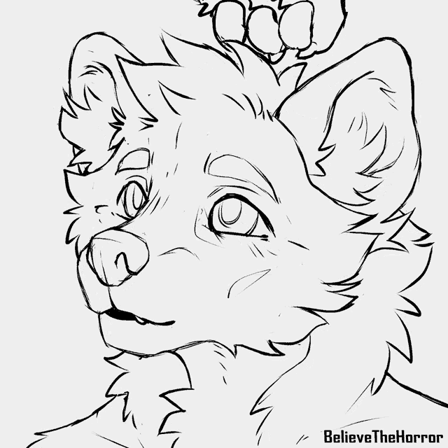 a black and white drawing of a dog with the words believethehorror below it