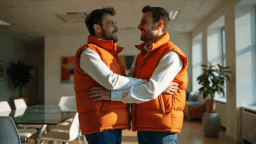two men wearing orange vests are hugging each other in a room