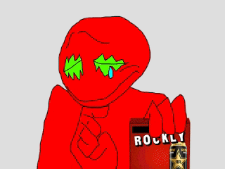a cartoon character holding a can of rockly energy drink
