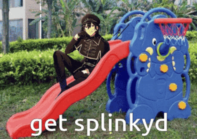 a man is sitting on a slide that says get splinkyd on it