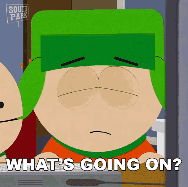a cartoon character with a green hat says what 's going on