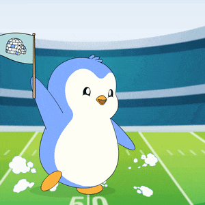a blue and white penguin holding a flag with an igloo on it