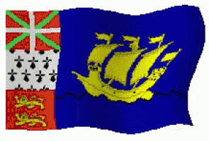 a blue flag with a yellow ship and a green cross on it