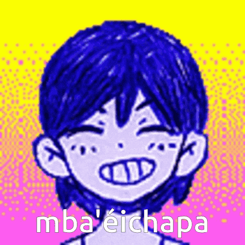 a drawing of a boy with blue hair and the words mba ' eichapa on the bottom