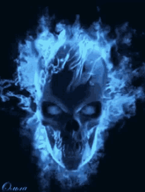 a skull is surrounded by blue flames and smoke and has a black background