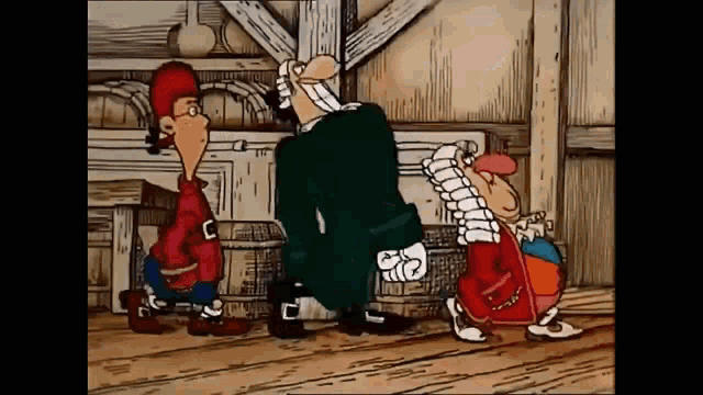 a group of cartoon characters are standing next to each other in a room .
