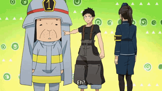 a man in a fireman costume says eh while standing next to a woman .