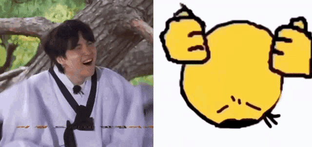 a picture of a man laughing next to a picture of a cartoon character