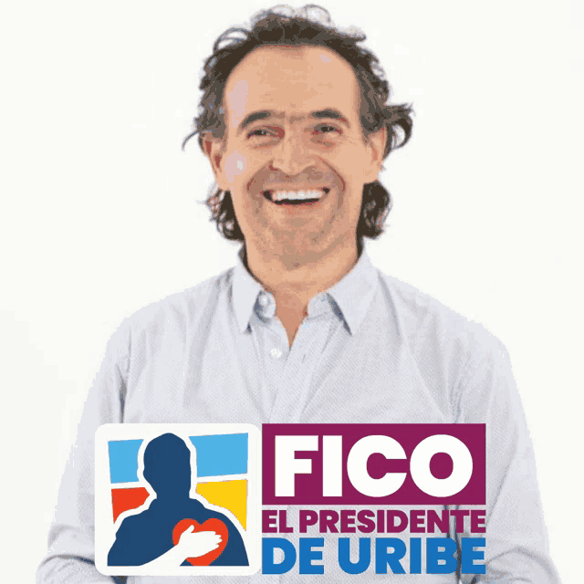 a man holds up a sticker that says fico el presidente de uribe