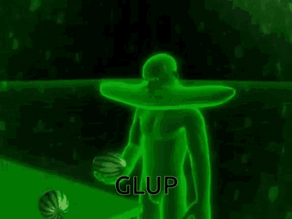 a green man is holding a watermelon and the word glup is on the bottom of the screen .