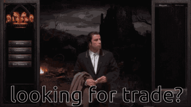 a man in a suit and tie is holding a piece of paper in front of a screen that says looking for trade