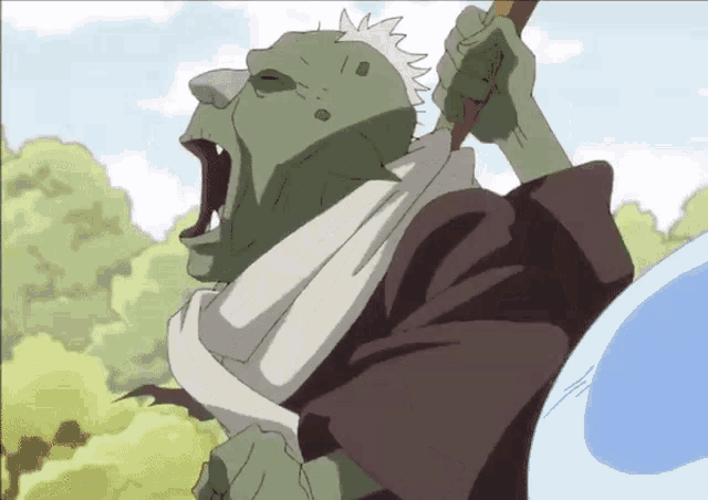 a cartoon drawing of a monster with a stick in his hand