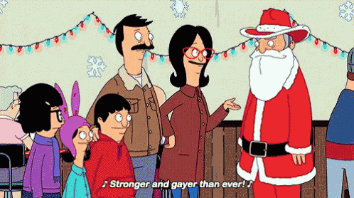 a group of cartoon characters are standing next to each other and talking to a santa claus .