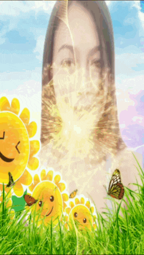 a woman is surrounded by cartoon suns and butterflies