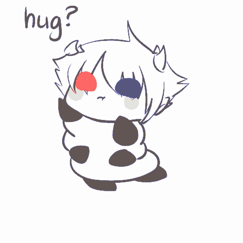 a drawing of a person with red and blue eyes and the word hug written above them