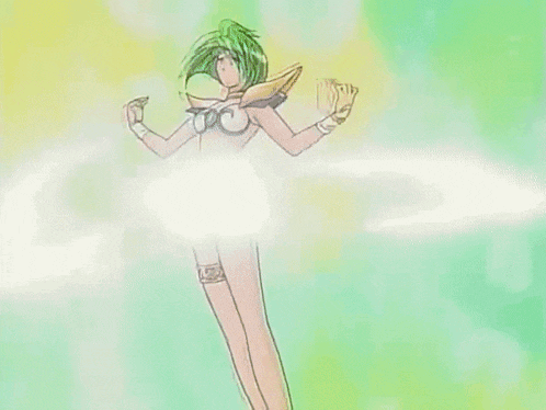 a cartoon character with green hair is flying in the air .