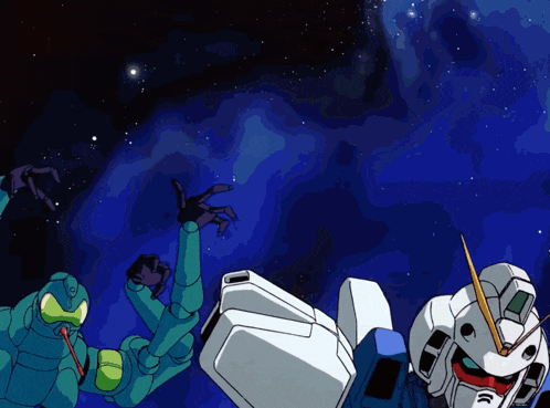 a cartoon drawing of a robot and a man in a space suit