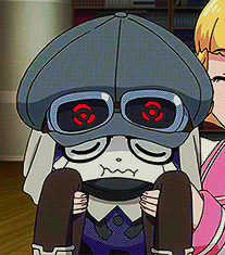 a cartoon character wearing glasses and a hat with a red eye
