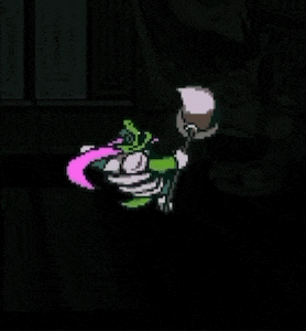 a pixel art drawing of a cat holding a stick in a dark room with a pink tail .