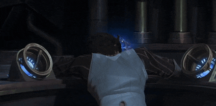 a man in a white apron is laying on a table with his arms outstretched