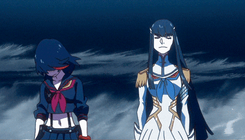 two anime characters are standing next to each other with one looking down
