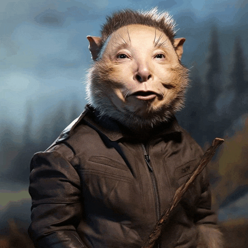 a rat wearing a leather jacket and holding a stick looks at the camera